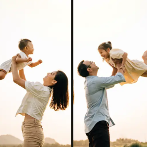 mother and father holding son and daughter up in the air, with their backs to eachother